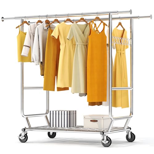 HOKEEPER 600 lbs Commercial Clothing Garment Rack with Shelves Clothing Racks on Wheels Rolling Closet Clothes Rack Heavy Duty Portable Collapsible Adjustable, Chrome Finish