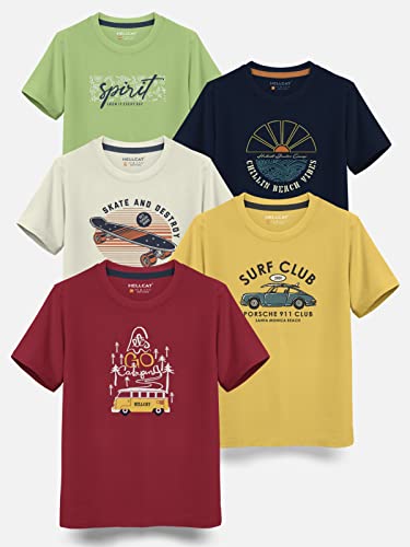 Image of HELLCAT Boys Round Neck Printed Blended Cotton Tshirt -Combo Pack of 2 - Orange /Blue