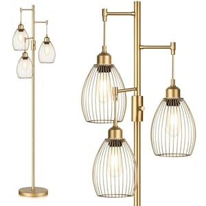 Dimmable Industrial Floor Lamps for Living Room, Gold Tree Standing Tall Lamps with 3 Elegant Teardrop Cage Head & 800 Lumens LED Bulbs for Bedroom Office