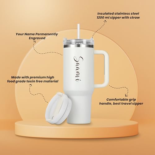 Image of SAVRI Customized Tumbler with Name, 1200 ML Stainless Steel Travel Mug with Straw, Lid & Handle, Personalised Sipper Water Bottle for Women, Men & Girls, Anniversary Birthday Gift for Office & Gym Use