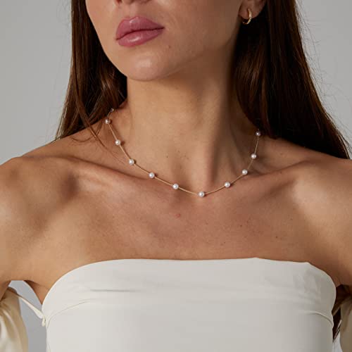 Sewyer Dainty Gold Pearl Necklace For Women 14K Gold Plated Minimalist Pearl Chain Necklace Classic Tiny Pearl Beaded Necklace Delicate Everyday Jewelry Gift #TOP1
