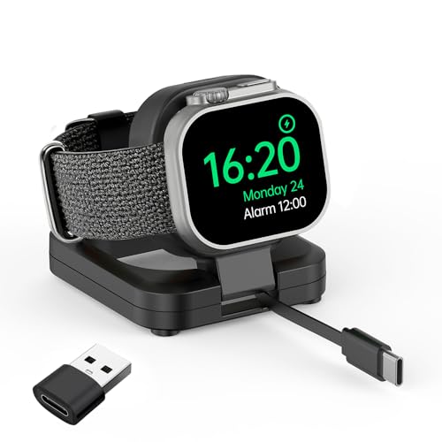 Portable Magnetic Charging Dockr for Apple Watch,Foldable Wireless Fast Charger Stand with 2.3 ft Retractable USB C Cable for Apple Watch Series10/9/8/7/6/5/4/3/2,Ultra/2/SE (Black)