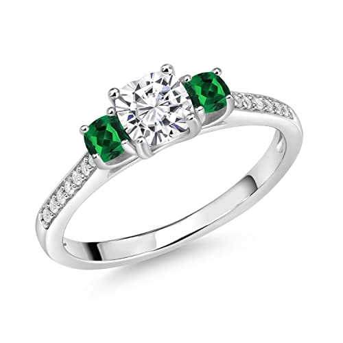 Gem Stone King 925 Sterling Silver White Moissanite and Green Nano Emerald 3 Stone Engagement Ring For Women | 1.04 Cttw | Cushion 5MM and 3MM | Available In Size 5, 6, 7, 8, 9