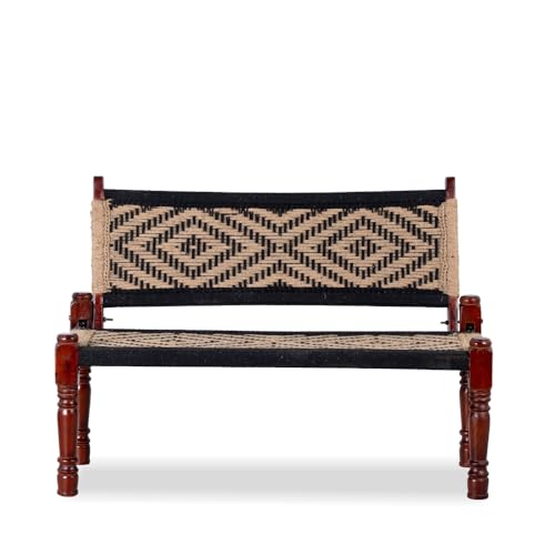 Image of Srima Wooden Bench for Living Room | Handcrafted Sheesham Wood Backrest Bench for Balcony & Garden | Traditional Rajasthani Patio for Outdoor with Cotton Handwoven Rope | Beige and Black