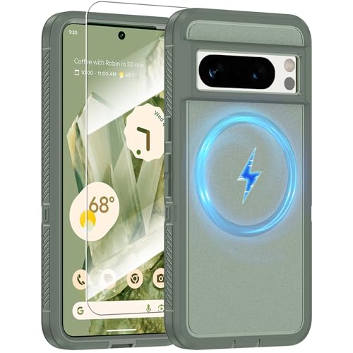 Magnetic Case for Google Pixel 8 Pro [Compatible with Magsafe] [Glass Screen Protector] [Dual Layer Military-Grade Protection] Heavy Duty Shockproof Cover for Google Pixel 8 Pro 6.7 inch, Green by KTUOHU - Used condition - US$12.74