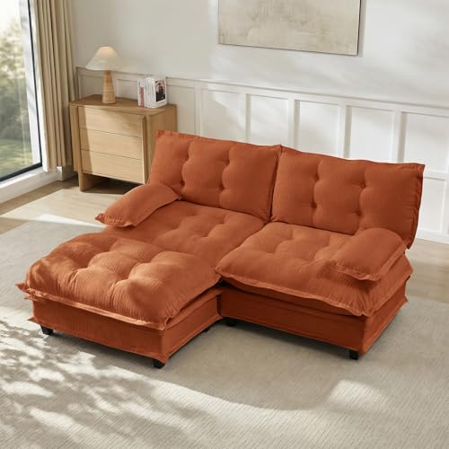 Image of 77 inch L-Shaped Sectional Couches for Living Room, Orange 2 Seater Modern Chenille Deep Seat Sofa Set, Salas para Casa, High Back Love Seat Couches, Cloud Modular Sectional Sets with Ottoman