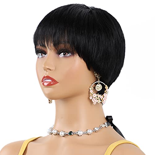 KINKYS Female Short Straight Cute Wigs - Brazilian Human Hair Glueless Wig with Bangs 100% Unprocessed Human Hair Natural Hairline Short Wigs for Women