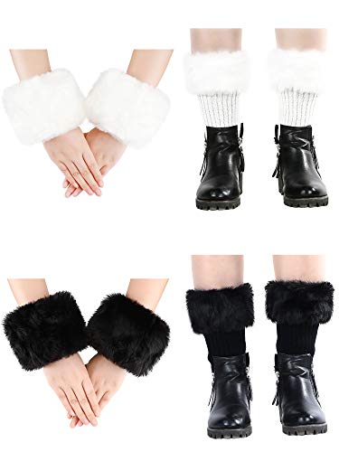 4 Pairs Women Faux Fur Trim Boot Cuff Short Furry Cuff Top Cover Leg Warmer and Wrist Warmer Set, Black and White