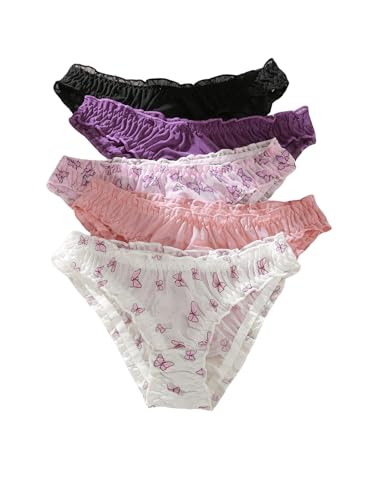 Image of GORGLITTER Women's 5pack Cute Panties Floral Print Low Rise Frilly Panties | Low Waist Underwear Set, Bow Lettuce Trim, Coquette Clothes