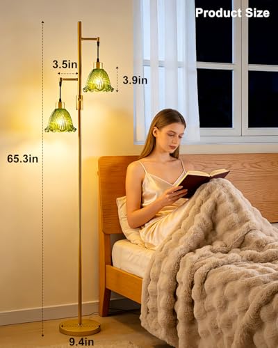Image of Lightdot 2- Light Gold Flower Floor Lamp for Living Room, 65IN Dimmable Floor Lamps with Green Glass Shade& Warm White Bulbs, Modern Standing Tall Lamp with 5Lbs Heavy Base for Bedroom Home Office