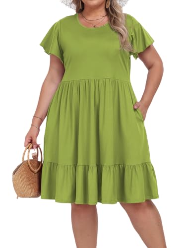 Moon Wood Robe d' Été Femme Grande Taille Elegant Col Rond Robe CasualFemme Midi Dress à Manches Courtes avec Poches Vert XXL