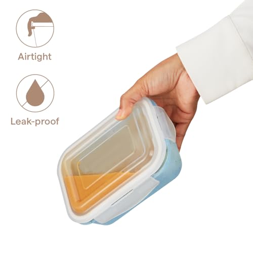 Image of Borosil 1.52 L Blue Food Storage Container with Air Tight Lid | Rectangle Shape Borosilicate Glass Organiser | Microwave & Dishwasher Safe | For Fridge, Kitchen Storage