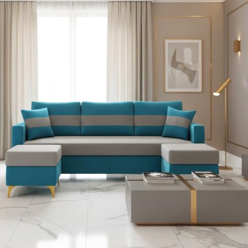 Image of SOCOZI Bastian 5 Seater L Shape Sofa Set with 2 Movable Ottomans | Flexible Layout | Soft Velvet Suede Fabric|Modern Sofa | Plush Comfort Cushions for Living Room (Teal Blue-Light Grey) | Breathable Material