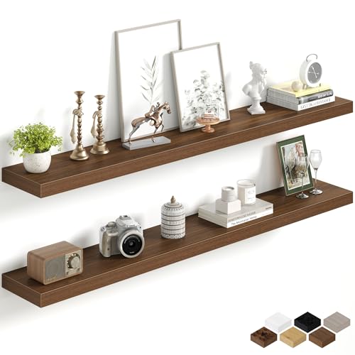 Image of Fun Memories 55Inch Long Floating Shelves, 8 Inch Deep Shelves for Bedroom|Living Room, Wall Mounted Wood Hanging Shelf with Invisible Brackets for Fireplace Mantel Home Storage Decor, Walnut - 2 Pack