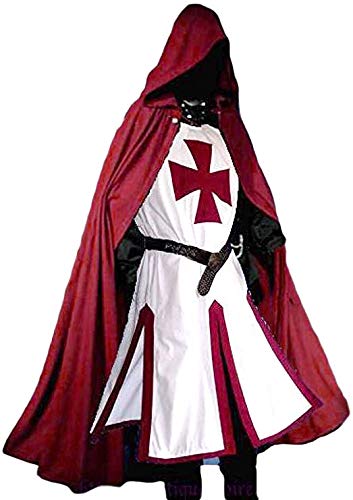 Nautical-Mart Mens Medieval Crusader Knights Templar Tunic Cape Costumes Renaissance Halloween Warrior Black Plague Cloak Cosplay Top (Red, Medium)