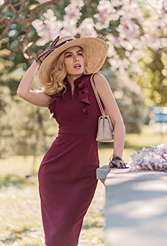 Image of Knitee Women's Vintage Ruffle Sleeve V-Neck Bodycon Evening Party Cocktail Pencil Sheath Dress