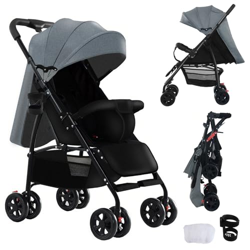 MoLi Ultraleichter Kinderwagen mit nur 4,6 kg, Buggy für Babys bis 15 kg, Reisebuggy mit Verstellbarer Liegeposition, Kompakter, Tragbarer, Zusammenklappbarer Kinderbuggy mit Zubehör (A8 Grey)