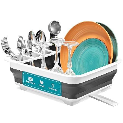 Masirs Pop-Up Collapsible Dish Drying Rack - Convenient Storage - Drains into Sink - Eight Large Plate Capacity - Sectional Cutlery and Utensil Compartment - Compact and Portable Design (12 x 20 Inch)