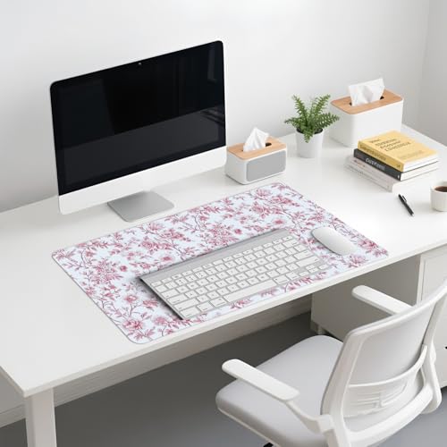 Image of Pink Chinoiserie Mouse Pad,Vintage Pink and White Floral Desk Mat,XL Large Vintage Flowers Preppy Mouse Pad,Girly Laptop Desk Mat for Dorm Home Office,23.6x11.8 Inch