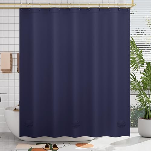 Image of AmazerBath Navy Blue Shower Curtain, Thick PEVA, Heavy Duty Waterproof 72x72 with 3 Weighted Stones and 12 Grommets