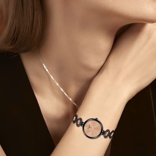 Image of Ladies Fashion Watch with Bracelet and Crystal Bezel, Black Analog Design, Water Resistant