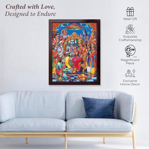 HandicraftStore Holy Religious Ram Darbar, Lord Ram with Sita and Bharat and Hanuman showing his gratitude, A Hindu Holy Religious Poster painting with frame for Hindu Religious and Gift purpose.