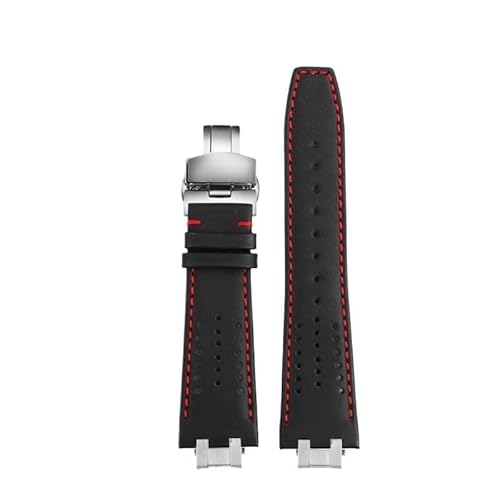 YOLIONU Breathable Leather Watchband For MAURICE LACROIX AIKON AI6007 AI6008 AI6038 AI6058 Quick Release Steel End Link Watch Strap(Steel link-Black red,AI6007)