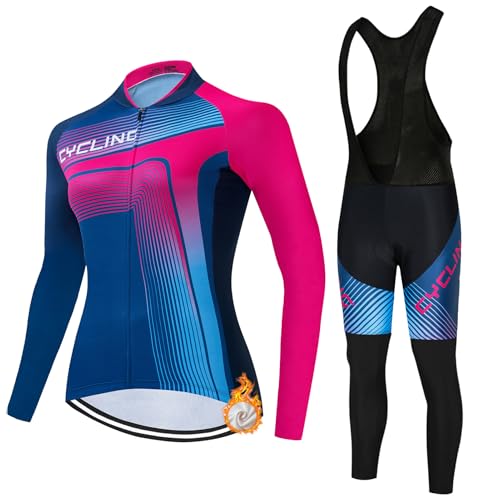 Conjunto Ciclismo Mujer Invierno Maillot Bici MTB Polar Térmico Ropa Ciclista,Traje Bicicleta Chaquetas Ciclo Manga Larga y Pantalones Tirantes con 19D Gel Acolchado,Completa de BTT Jerseys|11,S