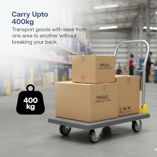 Image of BonKaso 400Kg Heavy-Duty Foldable Platform Trolley | Plastic Hand Truck with 4 360 Rotating Wheels & Cushioned Grip | Material Handling Cart for Home, Office, Warehouse & Industrial Use (Grey)