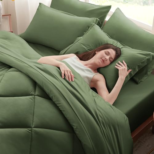 Anluoer King Comforter Set,Olive Green Bed in a Bag 7 Piece,Lightweight Bedding Set with Soft Down Alternative Fill,Bed Set Includes Comforter, Fitted Sheet, Flat Sheet,Pillowcases and Shams