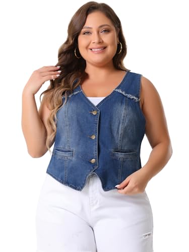 Agnes Orinda Women's Plus Size Denim Vest Sleeveless V Neck Washed Distressed Waistcoat Vests Jean Jackets