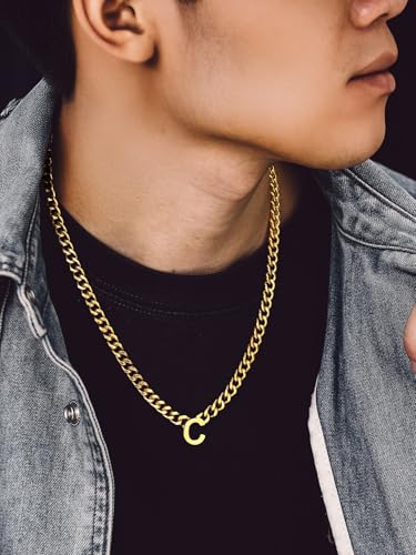 Bandmax Mens Initial Necklace Choker Stainless Steel/Gold/Black 7MM Wide Chunky Letter Pendant Chain Necklace for Men 18Inch + 2Inch3