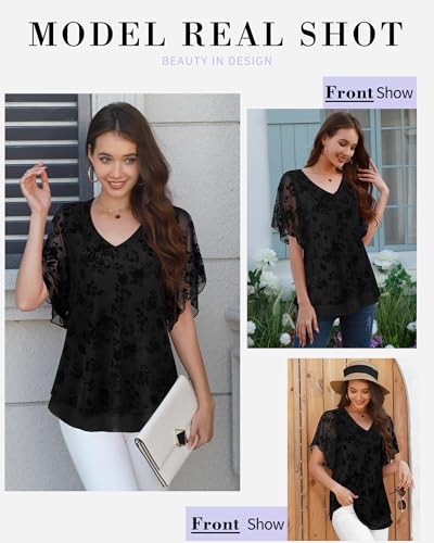 Furnex Blouses for Women Dressy Casual,Double Layers Mesh Elegant Summer Blouses,Short Sleeve V Neck Women's Tunic Tops4