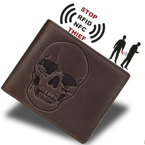 Image of DK86 Mens Wallet USA Flag Bifold Wallet for Men RFID Blocking Extra Capacity Multiple Card Slots with 2 ID Windows (vintage coffee with skull)