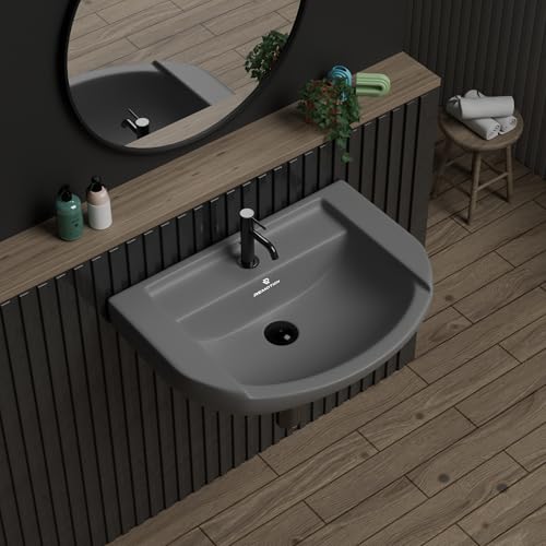 Image of REMOTION Ceramic Wall Hung Corner Wash Basin for Bathroom | Wall Mounted Corner Sink | Space-Saving, Durable & Stylish Design (18.5 x 14 x 7.5 Inch) (Grey)