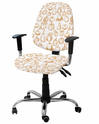 Fall Pumpkin 2 Pieces Computer Office Chair Covers Set,Stretchable Desk Rotating Chair Seat Cushion Slipcover Back Covers,Thanksgiving Country Orange Plants Lines Slipcover Back Cover,Protectors Cover