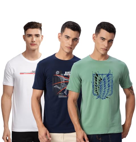 Image of ADRO 100% Cotton Lycra Tshirts for Men Combo Pack of 3 | Regular Fit | Printed T Shirt | Round Neck Half Sleeve| Mens Tshirts