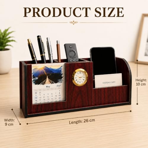 Image of Zesta Wooden Desk Organizer Pen Stand Remote Holder Card Slot | Table Accessory Office Desk Study Room | Pencil Storage Stand Stylish Workspace Decor (Rosewood, Executive)