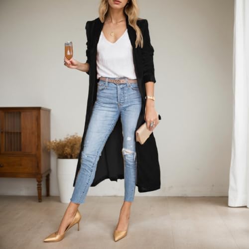 Long Velvet Jacket for Women Vintage Open Front Long Sleeve Lapel Velour Cardigan Fall Casual Coat Outwear with Pocket2