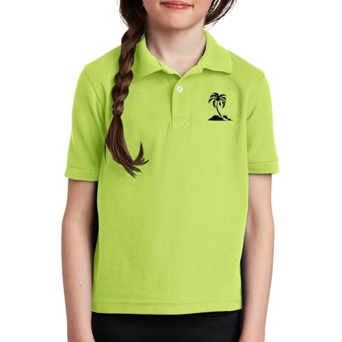 Girls Vibrant Solid Basic Polo Shirt Summer Short Sleeve School Uniform Button Collar Palm Tree Embroidery Clothes
