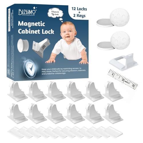 Blessimo® 12 Pack Magnetic Cabinet Locks Baby Proofing with 12 locks and 2 Keys - Child Locks For Kitchen, Cabinets and Drawers - 3M Adhesive Easy Installation