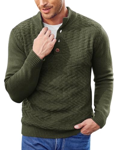 Image of COOFANDY Men Cable Knit Pullover Sweater Thermal Sweaters Mock Neck Sweatershirt Army Green