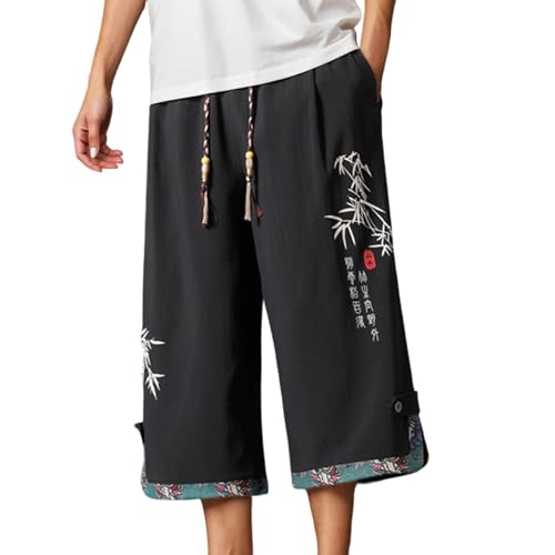 2026 Pantalon Japonais Homme 3/4 Baggy Pantalon Court Taro pour Hommes en Lin Vêtements Asiatiques Kimonos Traditionnels Japonais avec Cordon de Serrage...