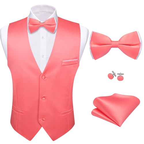 Image of Barry.Wang Mens Suit Vest Bow Tie Set 4PCS Formal V-neck Slim Fit Casual Solid Color Waistcoat Wedding Party Tuxedo