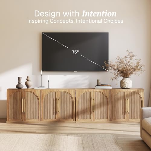 Image of BELLEZE Set of 2 65 inch Sideboard Cabinet with Double-Arc Wood Doors, Large Buffet Cabinet with Storage and Adjustable Shelves, Classic Modern Console Sideboard for Living Room Kitchen Entryway (Camel)