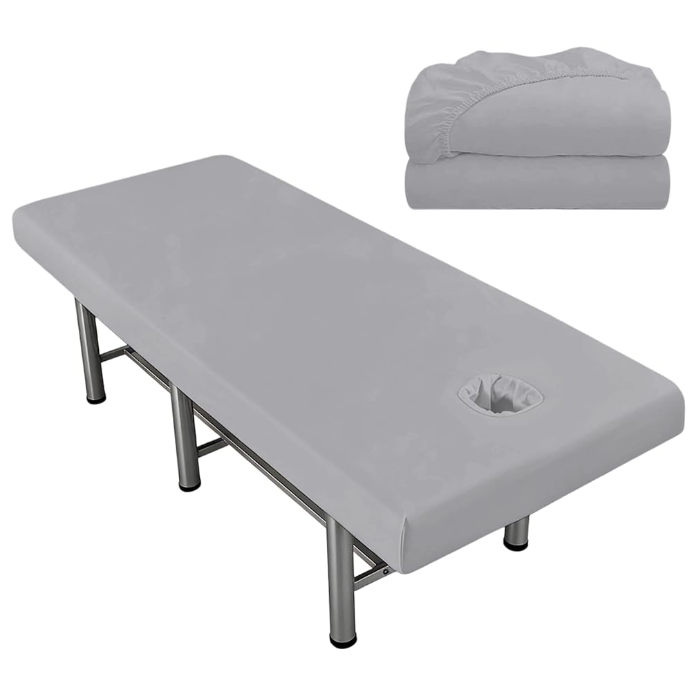 2 Stück Spannbezug für Massageliege mit Loch, 80 x 190cm Wasserdicht und Ölbeständig Bezug für Massageliegen, Waschbar Massageliege Bezug für Kosmetik-Tische, Spa, Schönheits (Grau)
