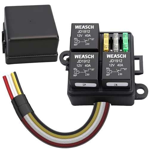Weasch Boîtier de relais de fusible pré-câblé à 3 voies 12 V, 3 relais et 3 fusibles à lame ATC/ATO, bloc relais 4 broches 40 A et kit pour voitures,...