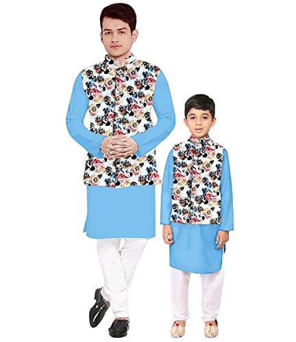 Image of Os Men's & boy kurta pyjama set with nerhu jackets (Multi printed) in cotton (baap beta|father son|)
