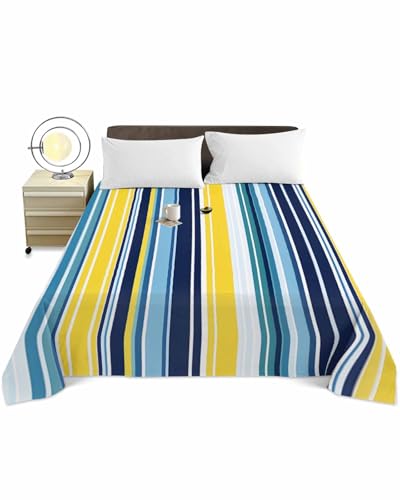 Full Top Sheet Bedding Flat Sheet Only, Abstract Colorful Stripes Seamless Soft Microfiber Bed Sheets Hotel Luxury, Blue Yellow Green Line Breathable Top Sheets Easy Care