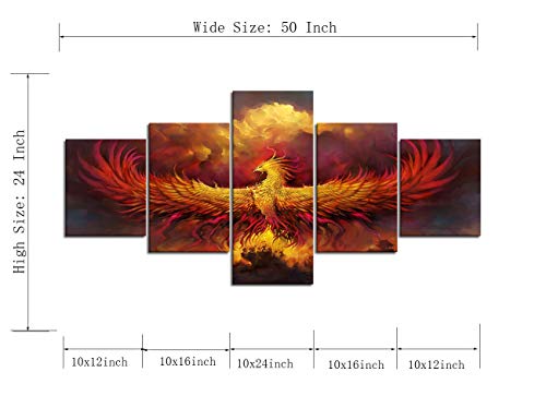 5 Piece Painting On Canvas Burning Phoenix Drawn In Heraldic Style Fire Phoenix Wall Art Vintage Pictures Print Artwork Home Decor For Living Room Giclee Framed Stretched Ready To Hang(50''Wx24''H) #TOP5